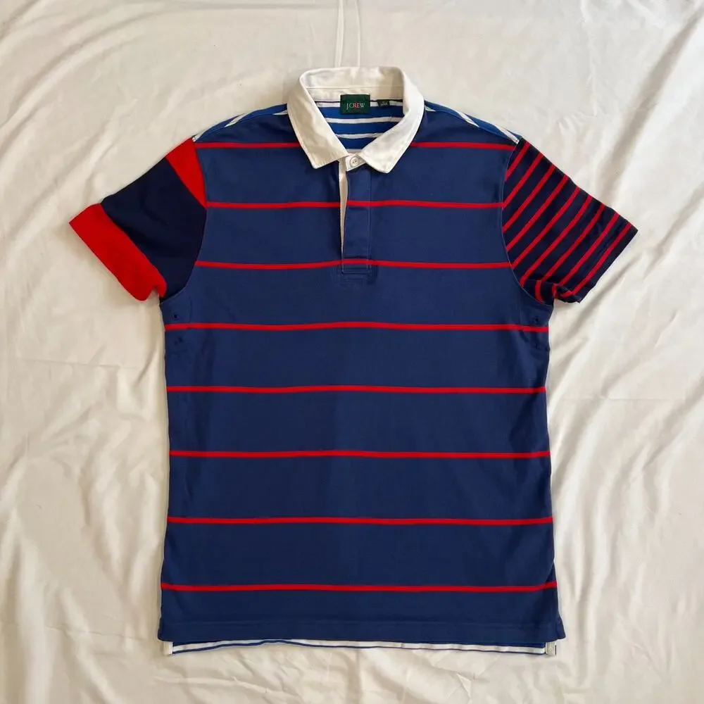 J Crew Rugby Polo Shirt Mens Medium Red Stripe Oarsman Preppy Soccer Nautical